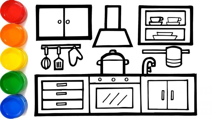 vẽ thật dễ thương | Cách vẽ và tô màu nhà bếp, Dụng cụ nhà bếp cho trẻ em - Vẽ và tô màu phòng bếp.