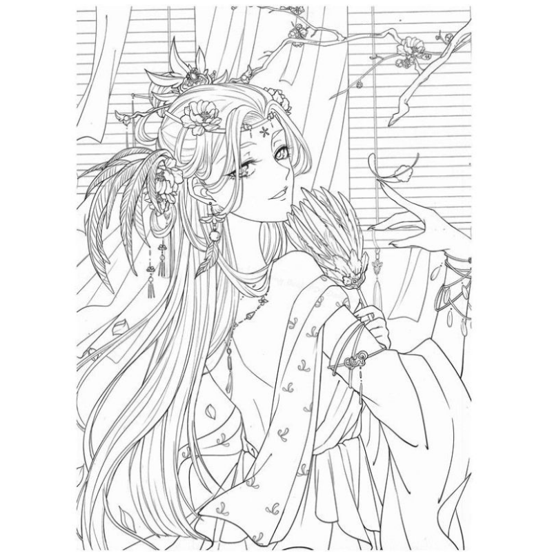 Tranh tô màu anime cổ trang Nữ võ sĩ giữa hoa anh đào