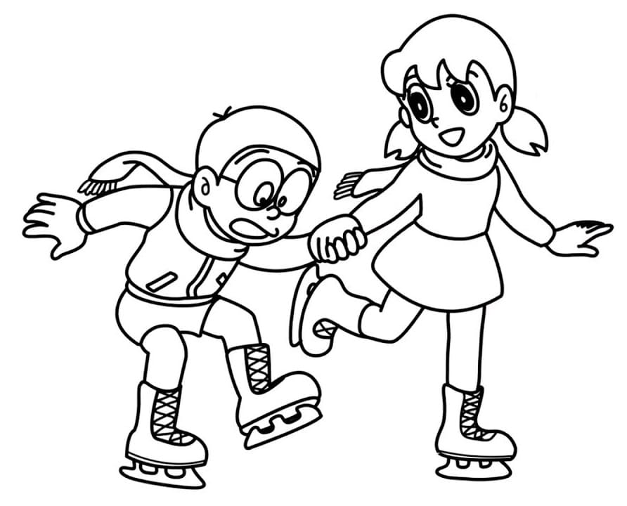 Tô màu Xuka và Nobita Trượt Băng - Trang Tô Màu Cho Bé